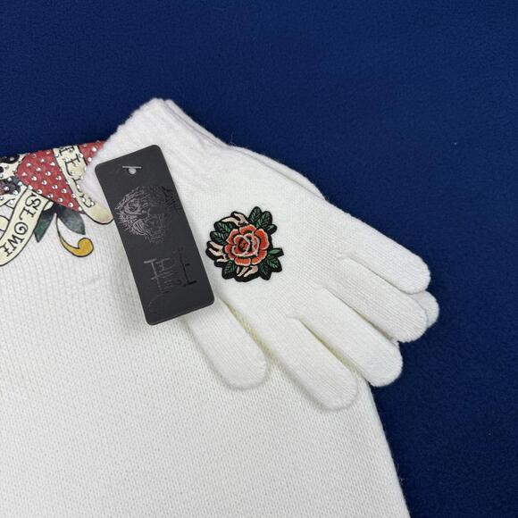 NWT Ed Hardy Knit Hat & Gloves Set Love Kills Slowly White Knit Beanie Ski Y2K - Picture 6 of 9